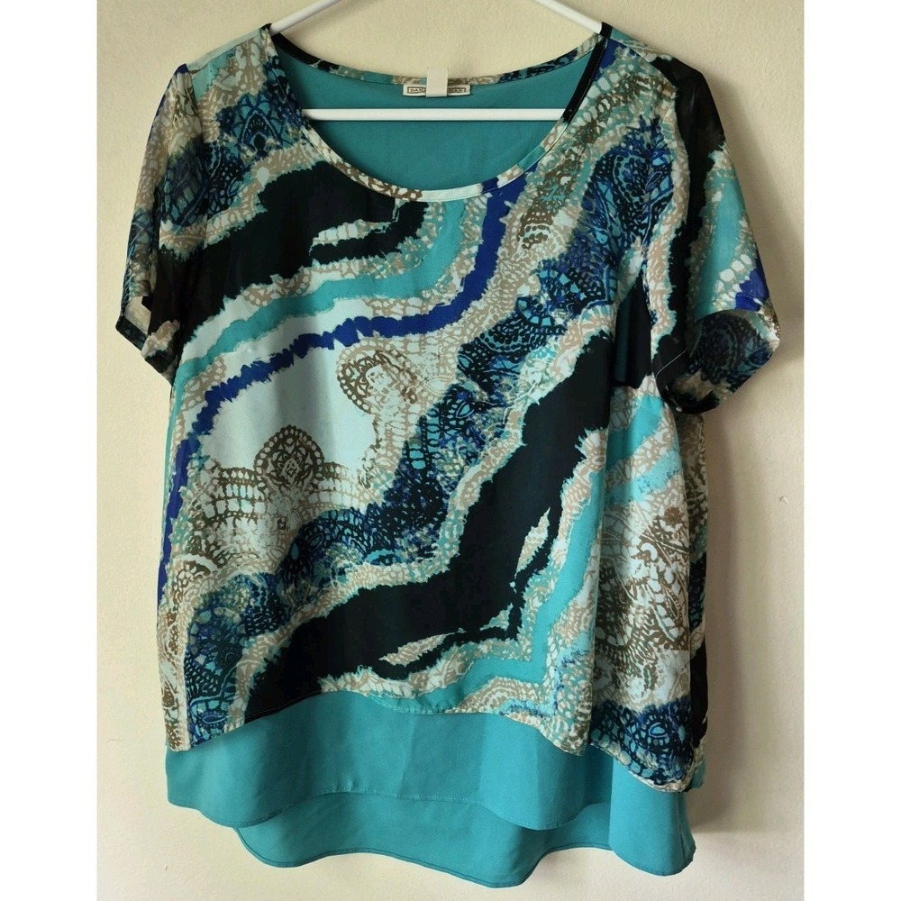 Dana Buchman Women's Short Sleeve Double Layer Top Aqua/Black Round Neck Size L